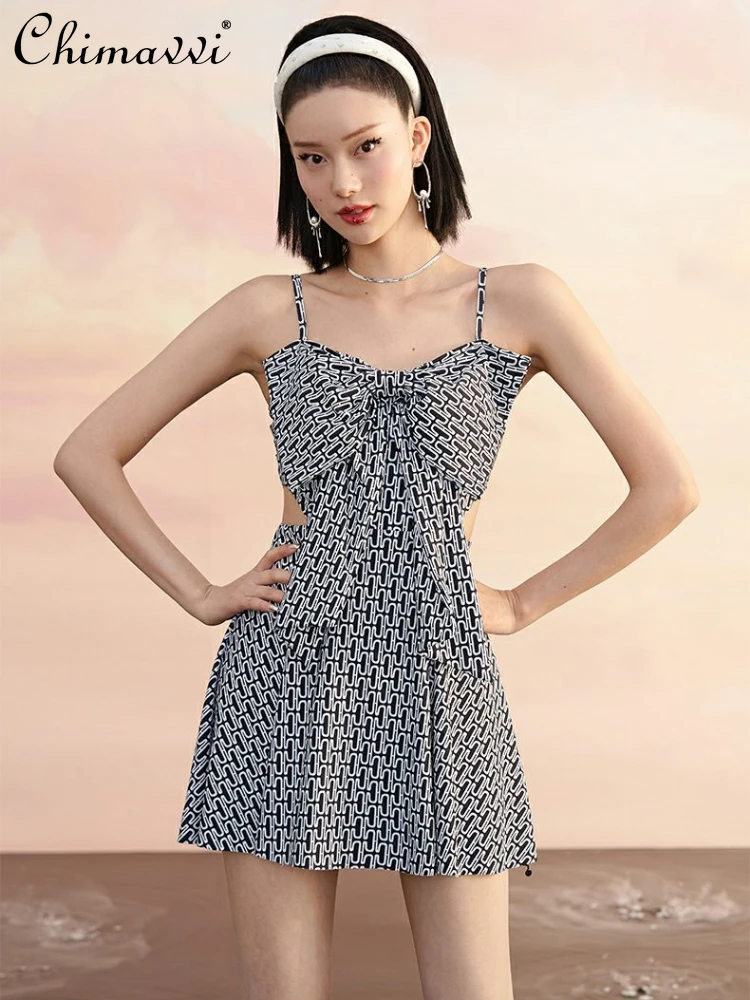 

Student Conservative Swimsuit 3D Big Bow Hollow Out High Waist Suspender Swimwear Dress One-Piece SwimMing Bathing Suit Women