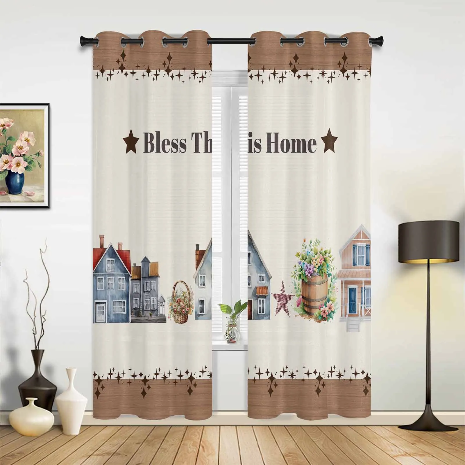 Watercolor House Stars Wood Grain Window Curtains for Living Room Luxury Bedroom Curtain Kitchen Blinds Drapes Curtains