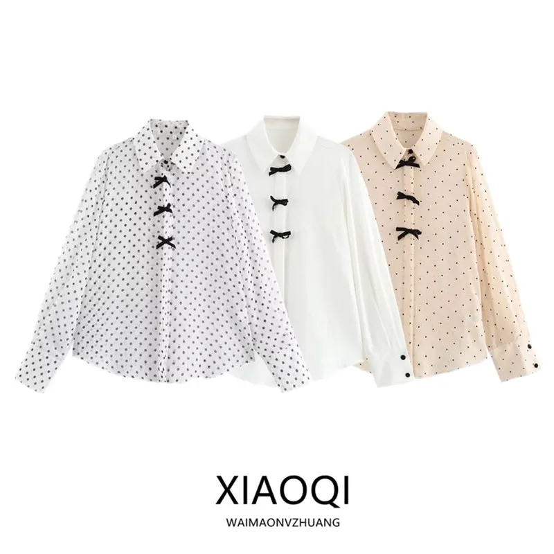 

Spring 2025 Women's irt Polka Dot Bow Tie Long Sve Turn-down Collar Ele New Arrival Versatile Sle Regular Sve L...