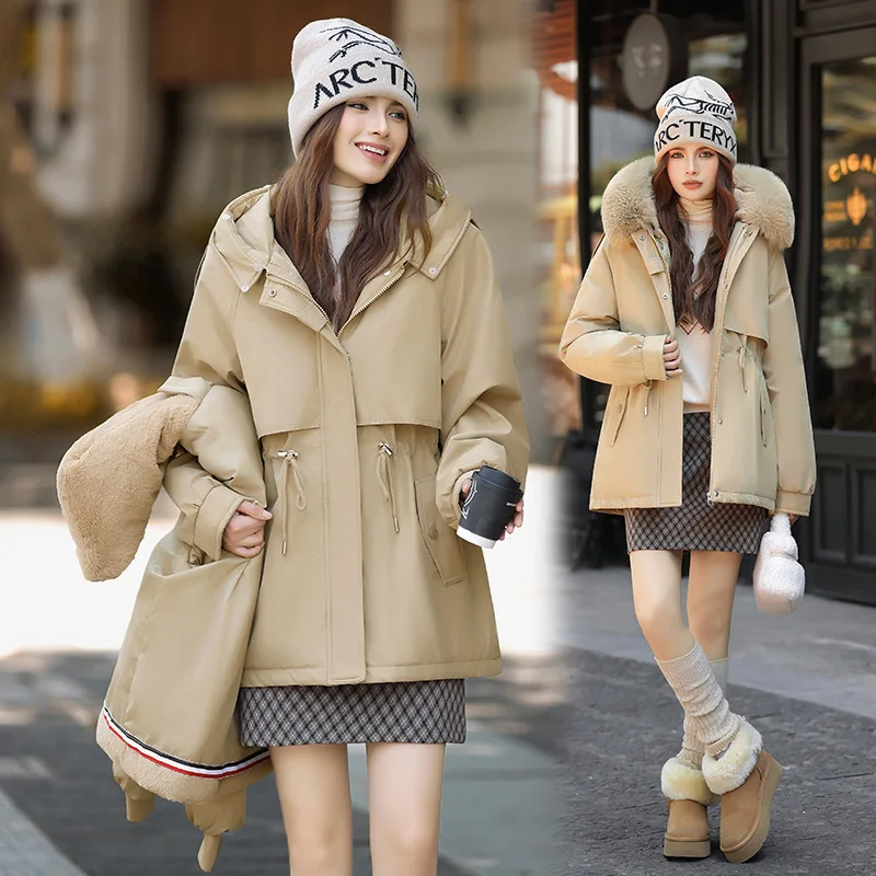 

Thick Velvet Detachable Lining Big Fur Collar One Garment Three Wear Women's Winter Down Cotton Padded Jackets Patchwork Outwear