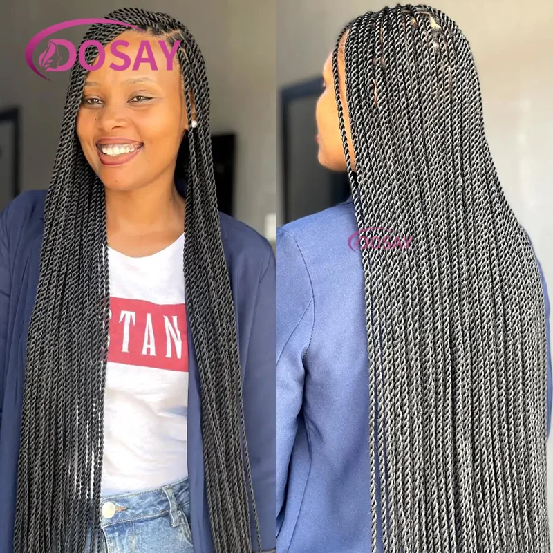 باروكة سنغالية سوداء اللون، باروكة صناعية بدانتيل أمامي للنساء، ضفائر صندوقية بدون عقد مع شعر أطفال