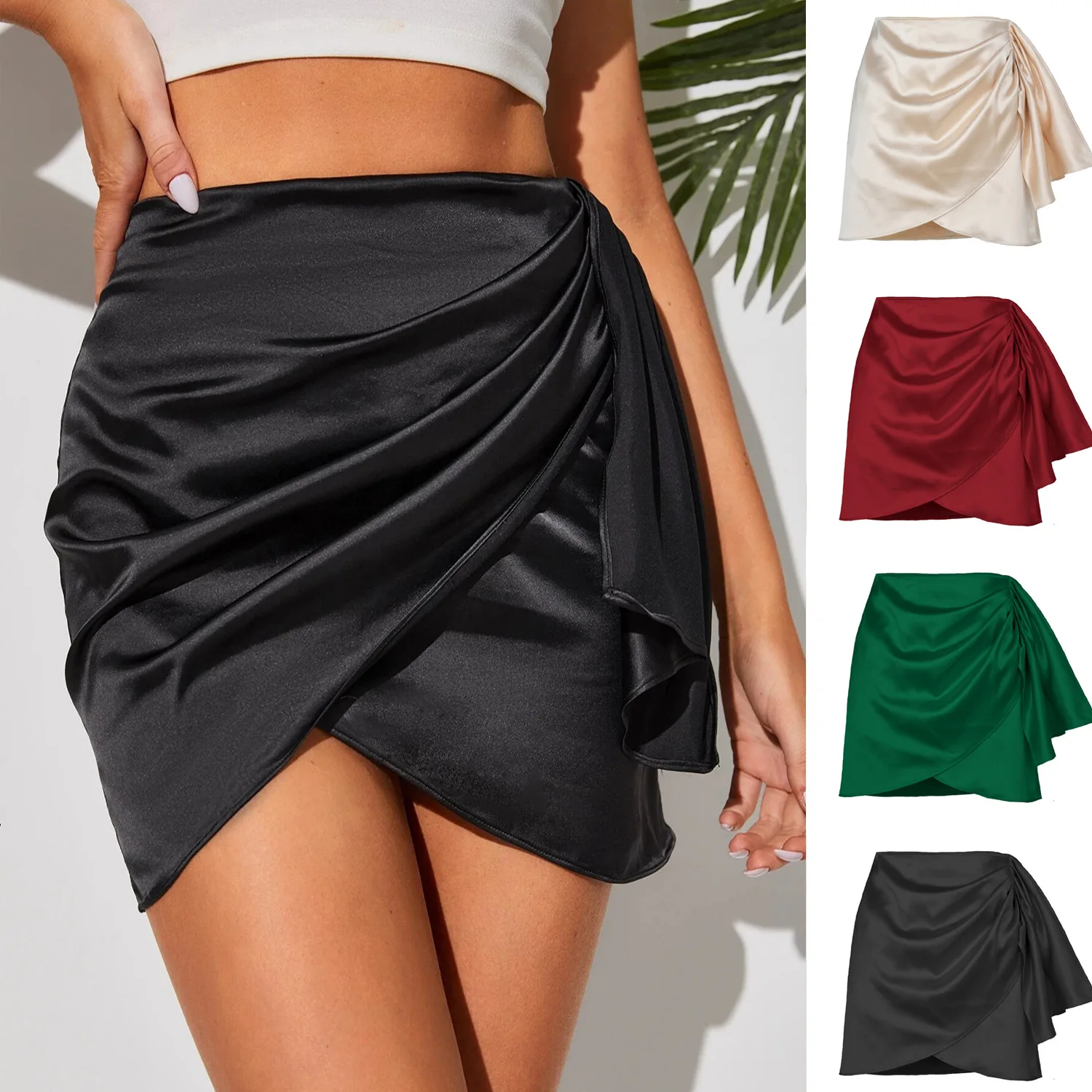Women Summer Skirts Irregular Zipper Belt Furbelow Wrinkled Position Pure Color Satin Tall Waist Skirt Casual Vestidos WSL4998