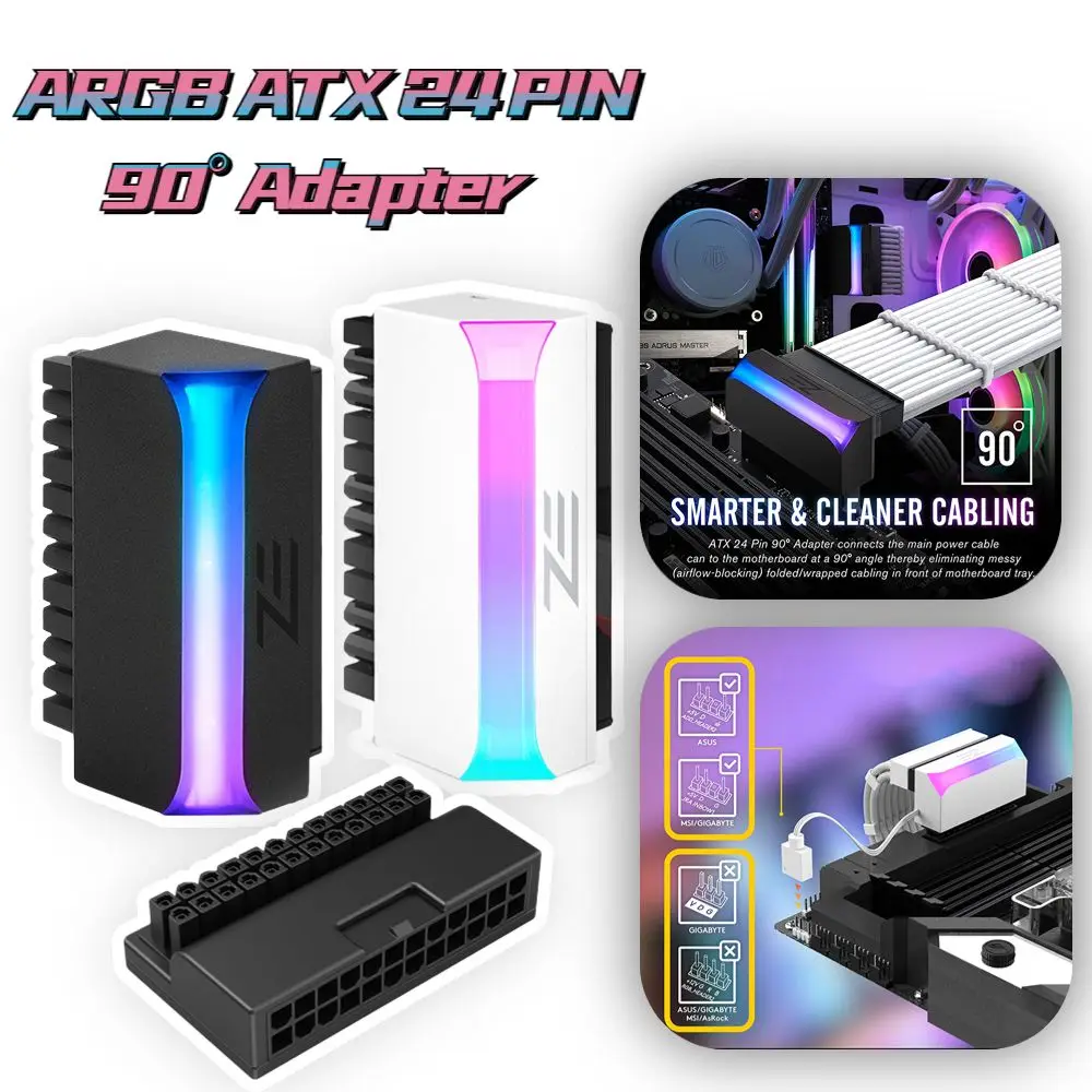 High Quality Mainboard ATX 24 Pin to 90 Degree ARGB Computer DIY Power Plug Adapter Modular Mounting Accessessory