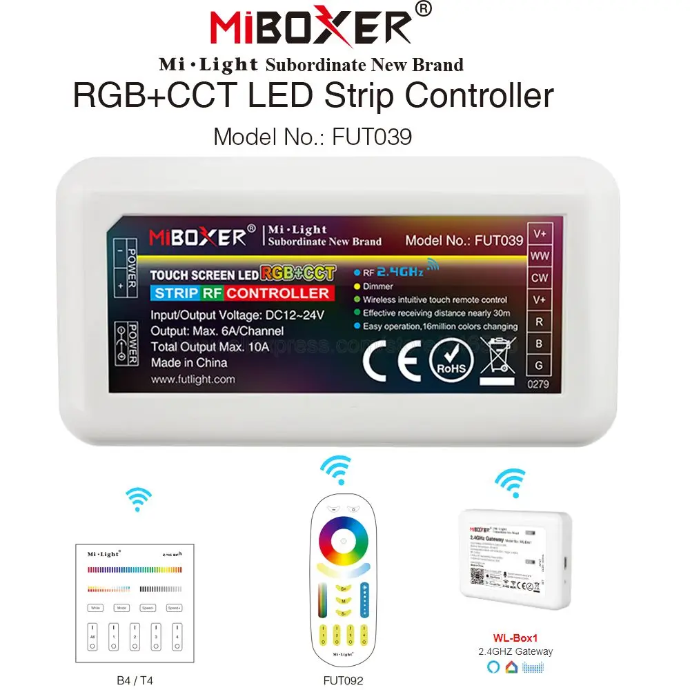 FUT039 MiBoxer RGBCCT LED Strip Controller DC12-24V Support 4-Zone 2.4G RF Wireless WiFi APP Voice Control for RGB+CCT LED Strip