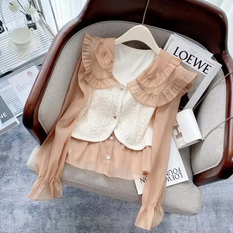 Spring and Autumn Sweet Double Layer Lace Doll Neck Shirt Women\'s Chiffon Long Sleeve Fake Two Piece Splicing Vest Top