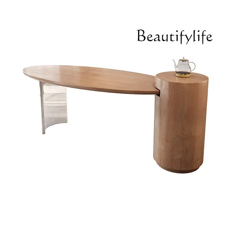 NEW N household simple integration creative multi-functional tea table  Nordic wabi-sabi cream wind solid wood tea table