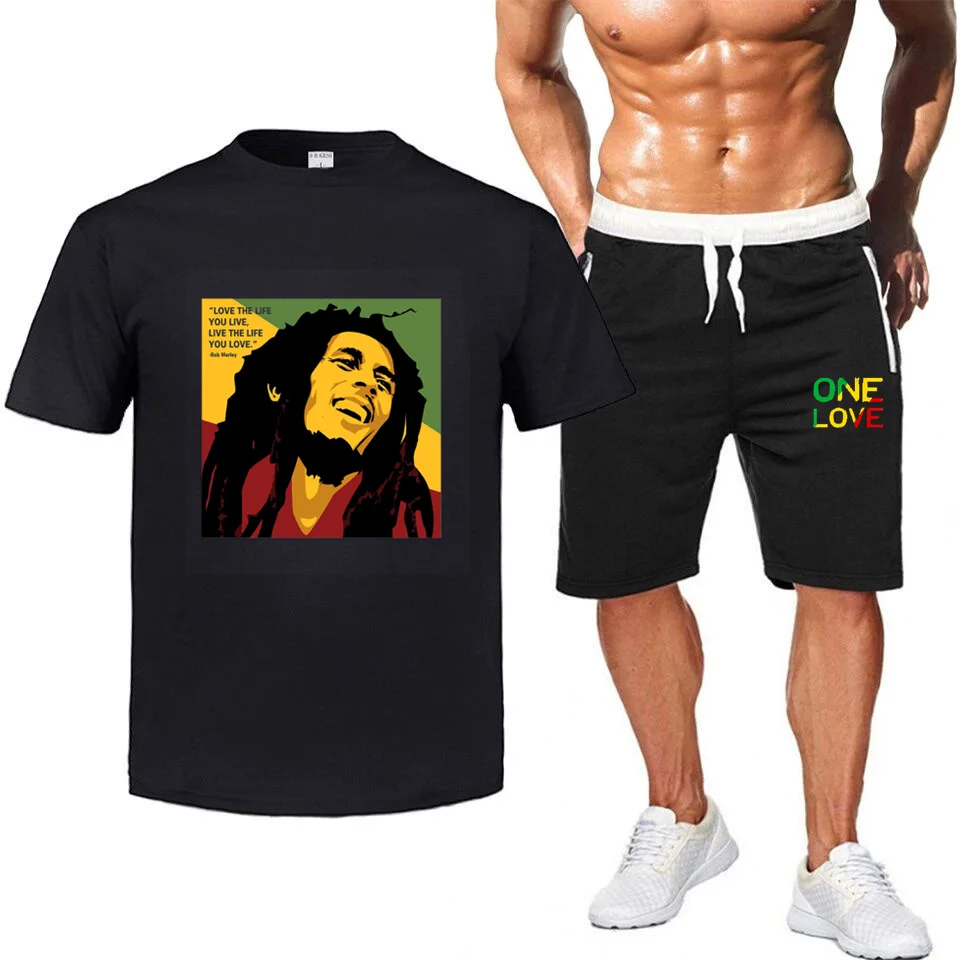 Ladies/Men's T-shirt Bob Marley Legend Reggae One Love Printed Sweatshirt Summer New Fashion Short Sleeve + Shorts Suit Clothes