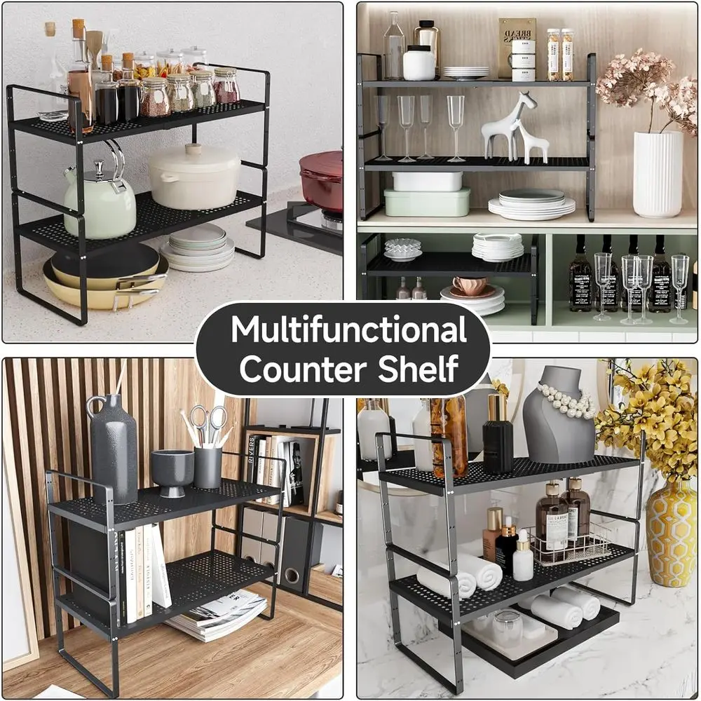 Adjustable 16.5-27 Expandable Cabinet Spice Rack, Stackable Metal Countertop Organizer for Kitchen Storage