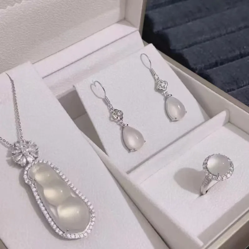 

High Ice White Chalcedony Fudou Set Yang Green Chalcedony Earrings Ring Three-piece Jewelry Gift