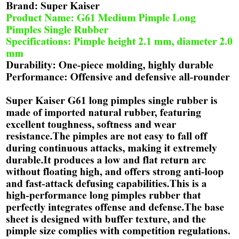 Super Kaiser G61 Table Tennis Rubber Long Pips OX ITTF Approved Cured/Uncured Medium Pips Ping Pong Rubber Offensive & Defensive image 6