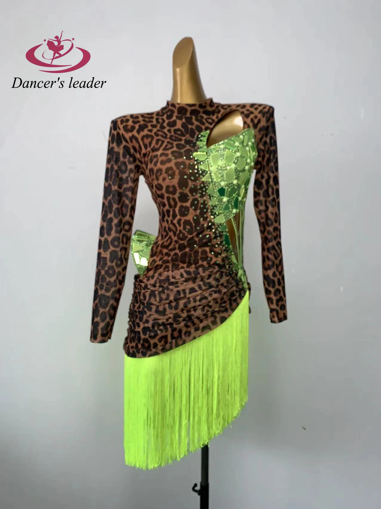 Latin Dance Competition Women's High-end Custom Leopard Print Stitching Tassel Performance Diamond-encrusted Blackpool dress