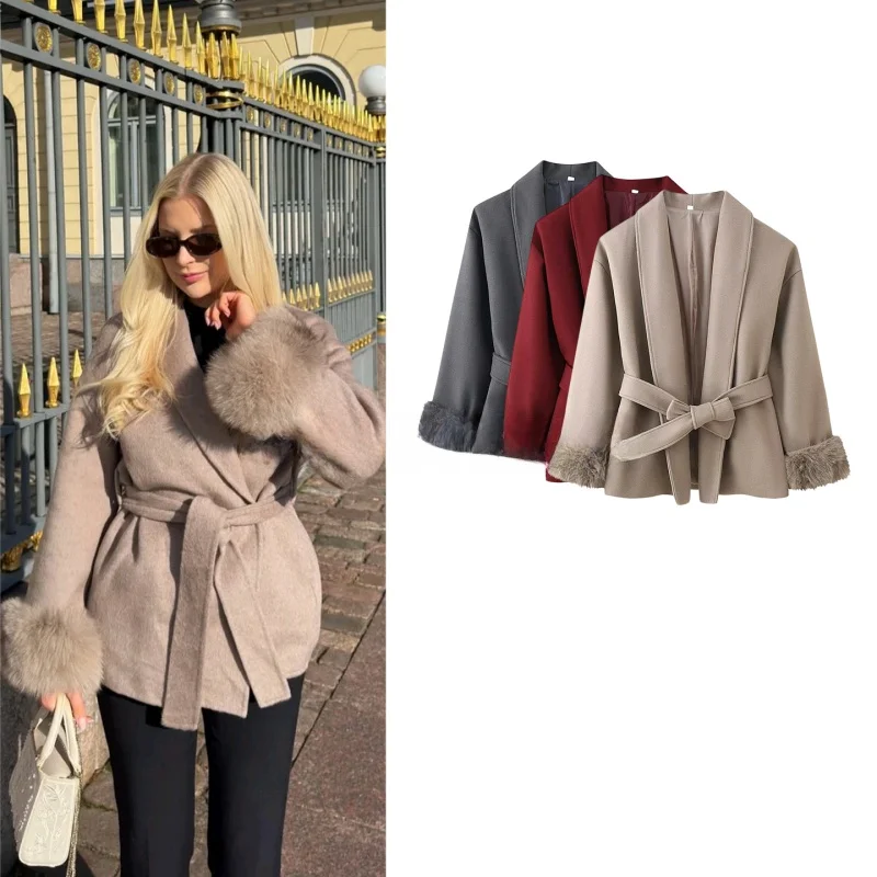 

Новое весеннее женское твидовое пальто в стиле Хепберн с воротником-стойкой, длинными рукавами, поясом-завязкой, укороченное, шерстяное