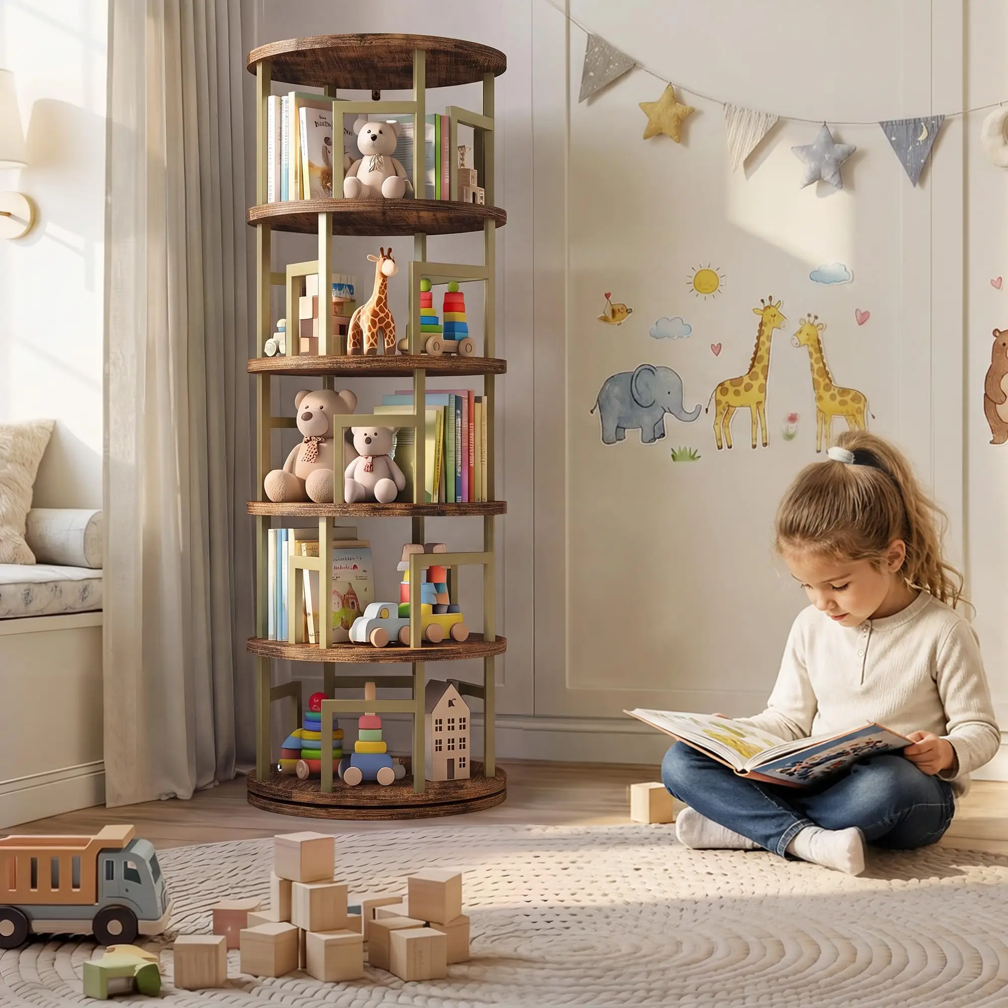 5-Tier Rotating Bookshelf Tower – Spinning Corner Shelf | Sturdy, Safe Anti-Tip Construction ﻿