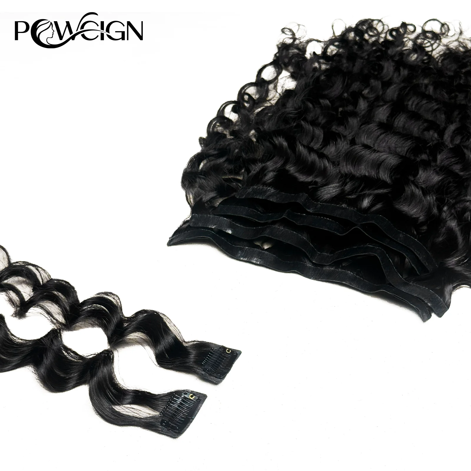 Powcign Clip In Hair Extensions Six-Piece Set Water Wave Human Hair 100% Remy Hair Seamless Weft Clip Ins For Women