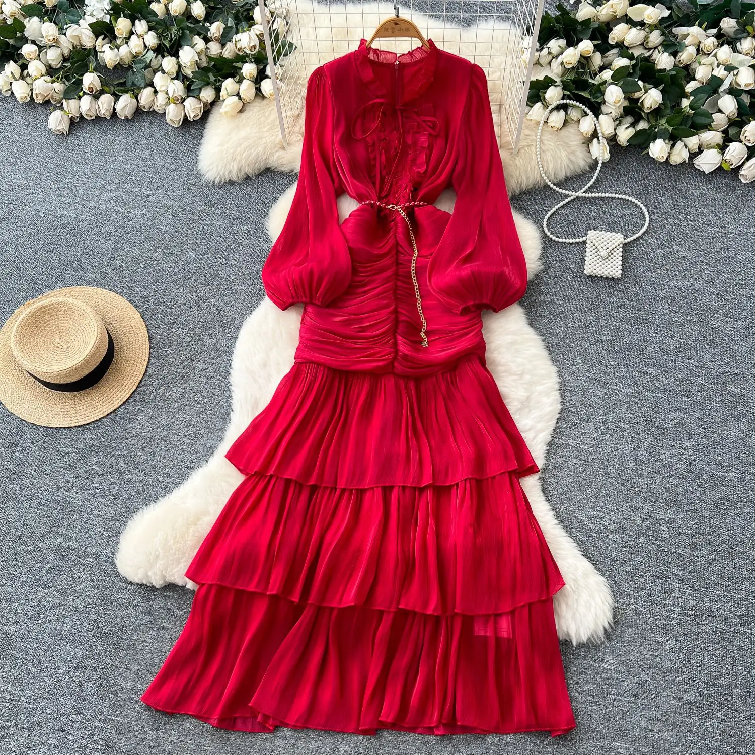 Spliced Lace Dresses Lantern Sleeve Ankle Length Dress Women Solid Party Dress… - Image 2