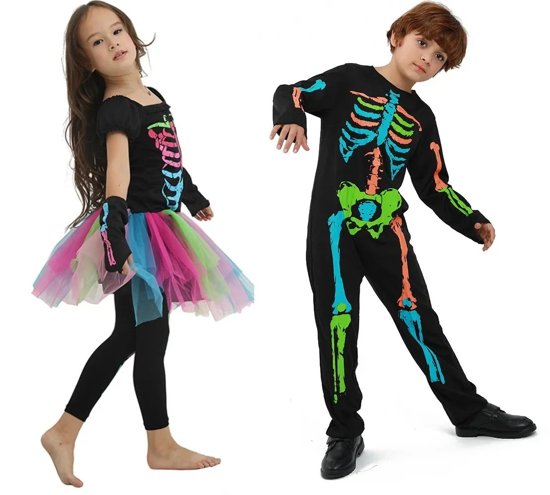 Costumes de Cosplay d'Halloween pour Garçons et Bol, Boule de Maquillage, Costume de Zombie, Modules Arc-en-Ciel, Squelette, Fantôme, pour Enfants