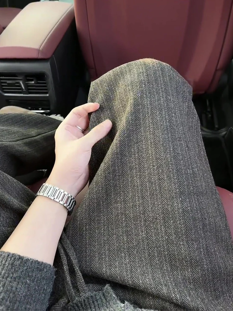 

Men's Woolen Trousers Straight Leg Casual Pants Winter Season mid High Waist Non Ironed Striped Pattern Comfortable Fit