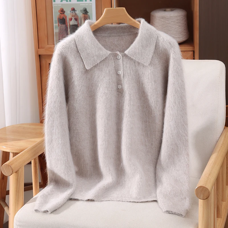 

100% Mink Cashmere Solid Color Polo Collar Sweater Pullover Long Sleeves Women Comfortable Warm Lazy Style Soft Clothing Top