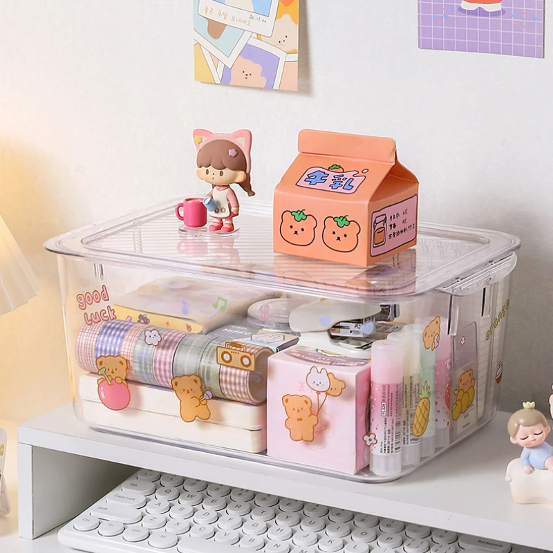صندوق تخزين مكتبي شفاف مع غطاء بسيط، صندوق قرطاسية للطلاب، صندوق تخزين وتنظيم مستحضرات التجميل