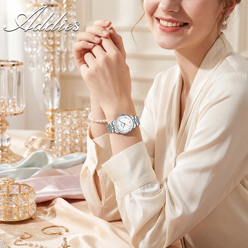 ADDIES Jam Tangan Pasangan Kuarsa Mewah Baru Jam Tangan Pasangan Tahan Air 50M Kristal Safir Baja Tahan Karat Modis Gerakan GM12 Hadiah Jam Tangan Pasangan