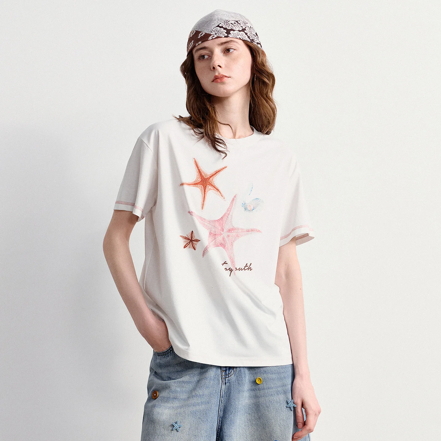 TOYOUTH Women Sorona Cooling Antibacterial T-Shirt 2026 Summer New Starfish Print Vacation Style Drop Shoulder Pullover Tops