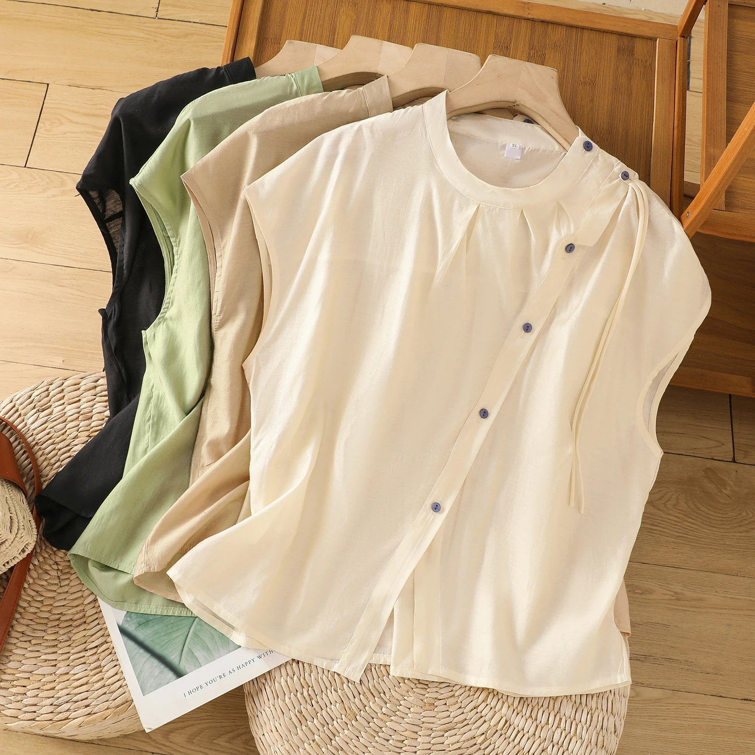 

Chinese Style Thin Cotton Linen Shirt Women's Summer Sleeveless Pure Color Artistic Versatile Loose Fit Breathable Shirt