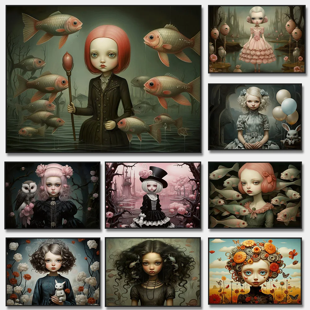 女の子と魚の古典的なイラスト、マークデン、本物のキャンバスポスター、漫画の絵画、壁のアート画像、家の装飾、女の子の写真