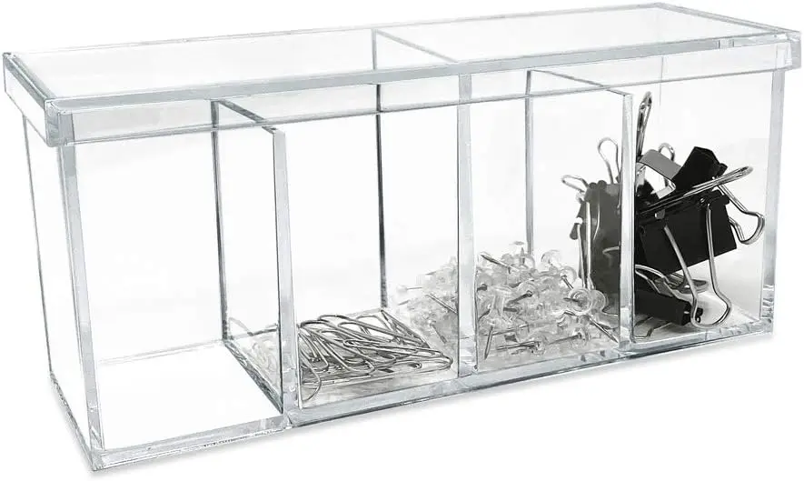 

4-Compartment Clear Acrylic Organizer with Lid (9” L x 3” W x 4” H), Makeup Brush Holder, Sectional Tray, Storage Solution for