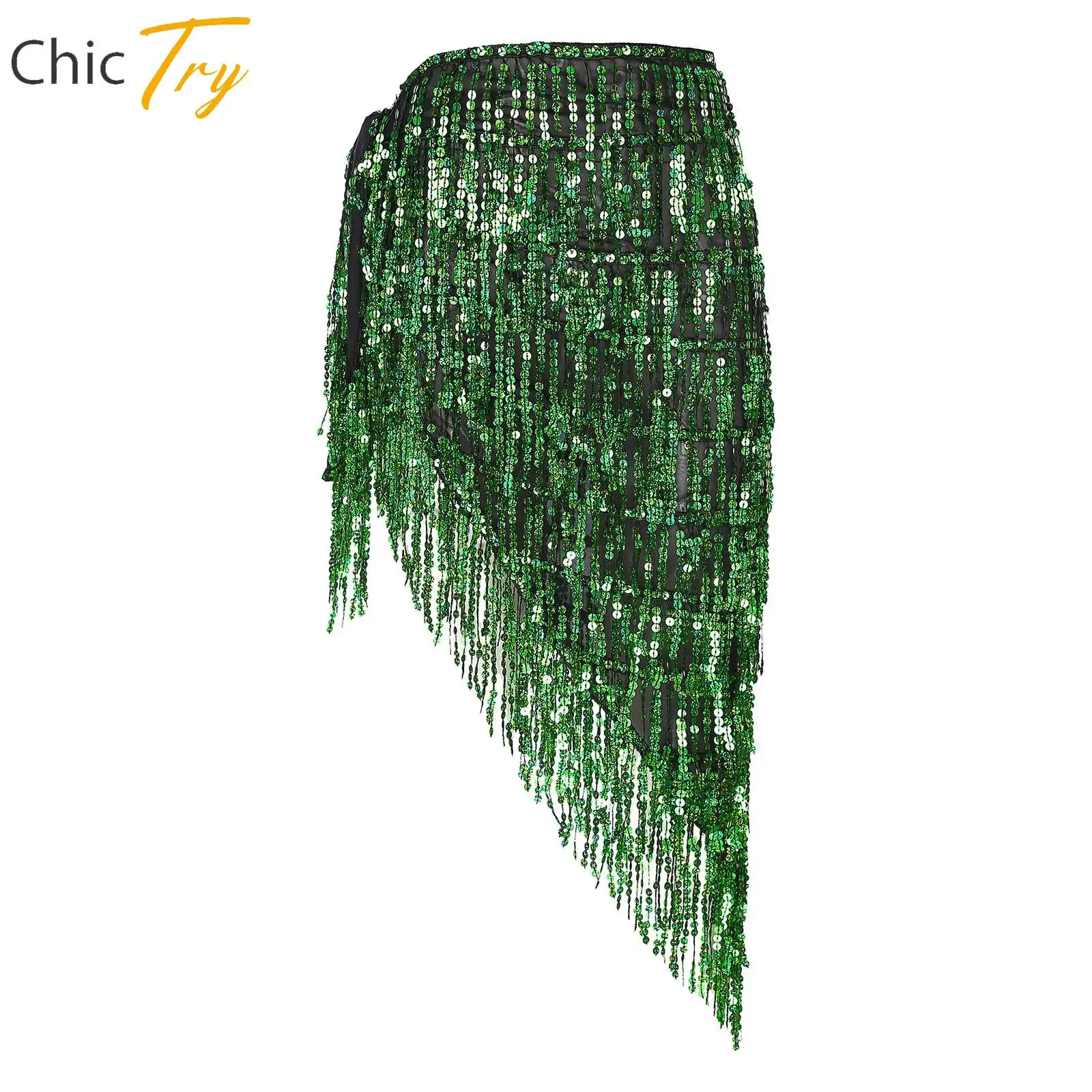 

Womens Lace-up Hip Scarf Sparkly Sequin Asymmetrical Tassels Skirt Ladies Chacha Belly Latin Dance Costume Performance Dancewear