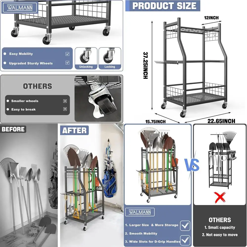 

Rolling Garden Tool Cart with Wheels for Outdoor Storage of Rakes, Shovels, and Long-Handled Yard Tools