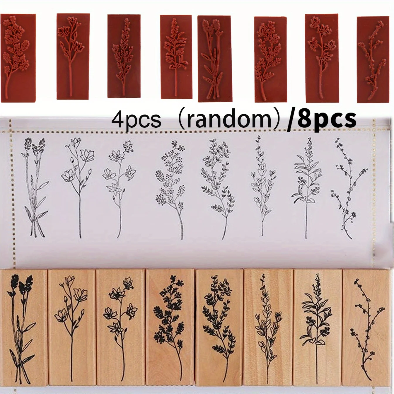 4/8 Pcs Wooden Rubber Stamp Seal, Plant And Flower Decoratio