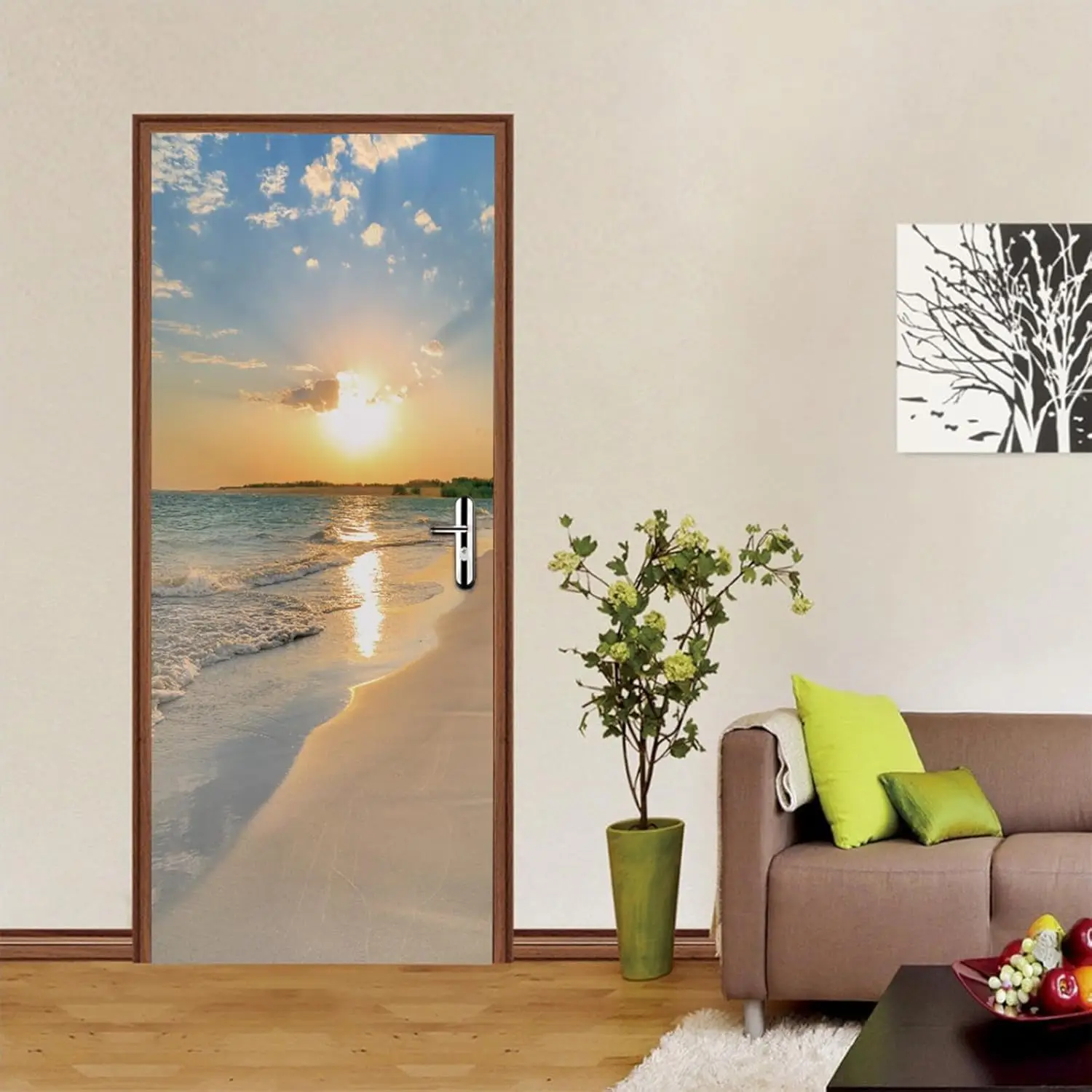 

Beach Sunset 3D Peel and Stick Door Stickers Self-Adhesive Vinyl Waterproof Removable Mural Decals for Home Decor Living Room