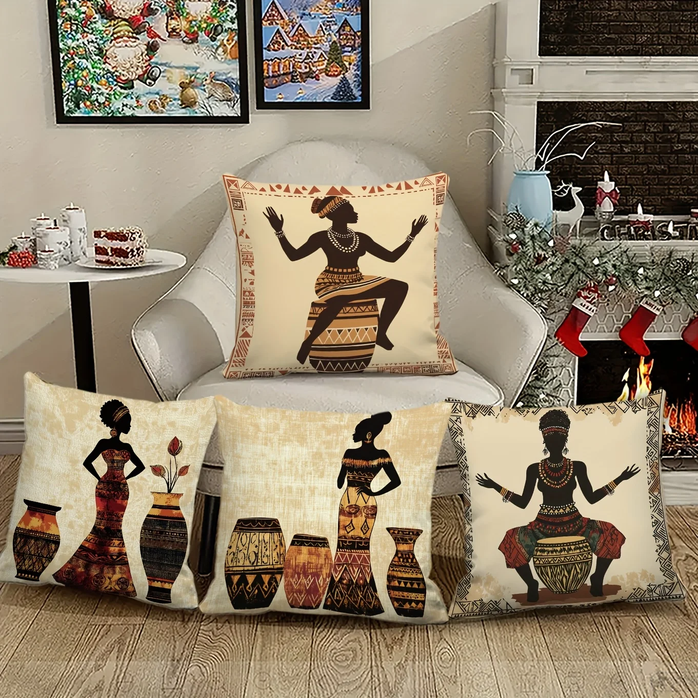 4PCS vintage African art pillowcases featuring ethnic African women patterns. Versatile and perfect  Insert not included