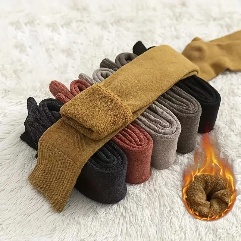 1 Pair Women Autumn Winter Solid Color Knee High Socks Fashionable Warm Comfortable Thick Looped Outdoor Home Casual Stockings