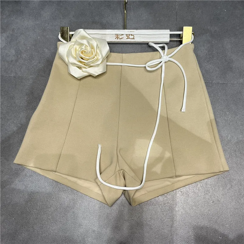 Three-Dimensional Flower Casual Shorts Women's 2024 Spring Summer New Shorts High Waist Slim Sheath Sexy Solid Color Short Pants