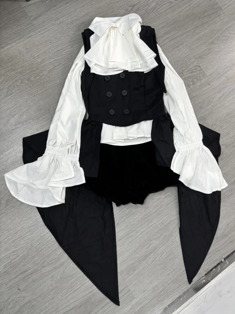 Gothic Darkly Sweet Lolita 3-piece Set Women Y2k Chic White Bow Flare Sleeve Shirts Strap Skirt Mini Pants Design Patchwork Suit