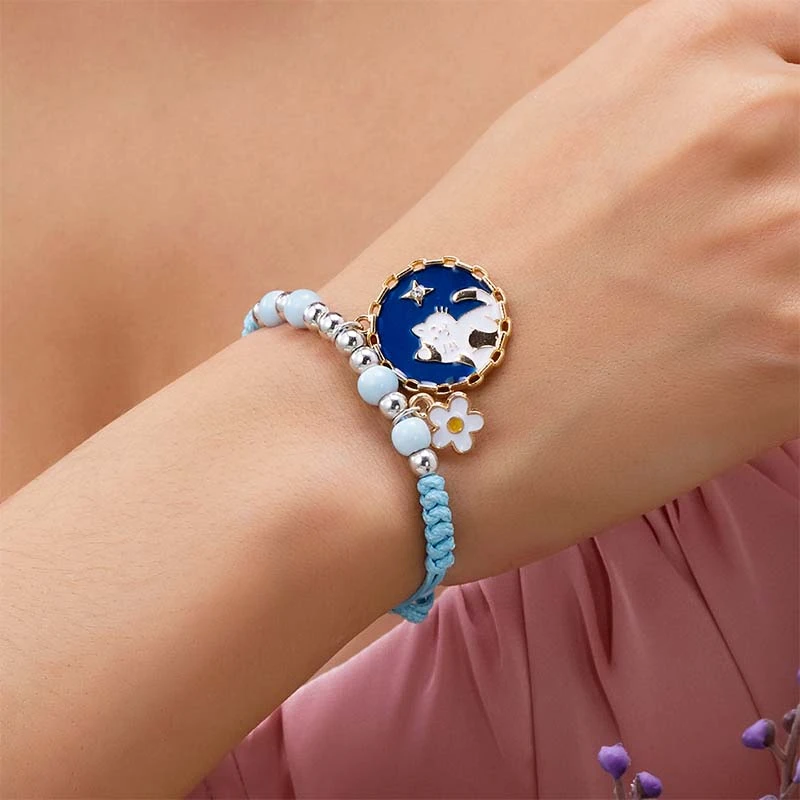 2024 New Cute Cartoon Animal Cat Daisy Flower Bracelets For Women Korean Charm Kitten Braided Bracelet Friendship Jewelry Gifts