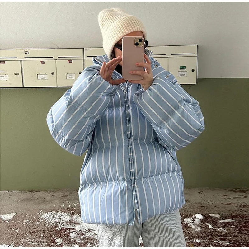 2026 Winter Autumn Stripe Cotton Padded Jacket For Women Warm Long Sleeve Zipper Hooded Coats Lady Street Chic Outdoor Outerwear