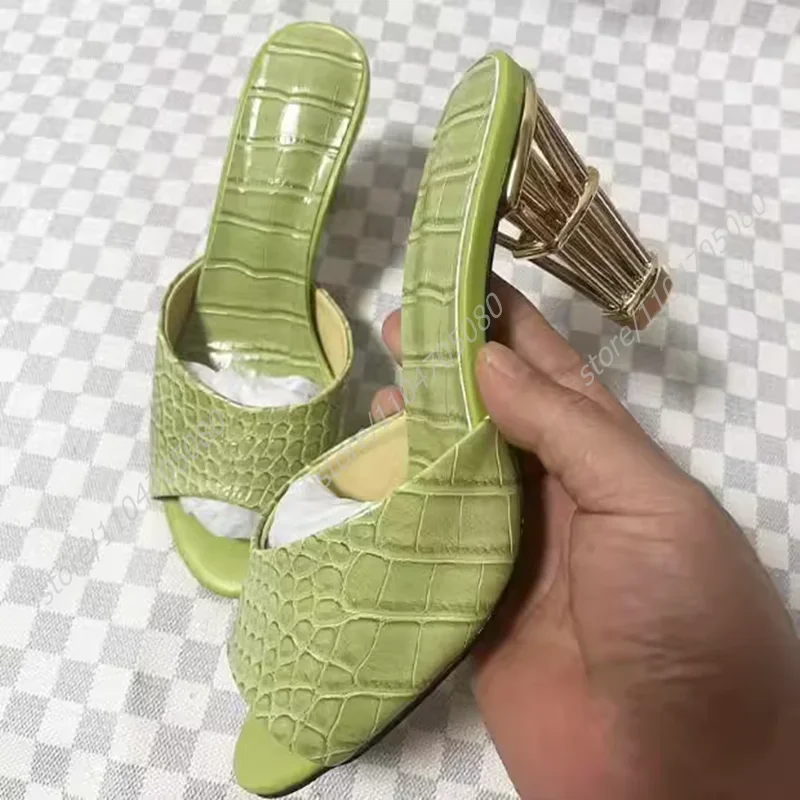

Light Green Plaid Birdcage Heels Gold Sandals Women Black Crystal Round Open Slipper Bling Hollow Buckle Office Lady Casual Shoe