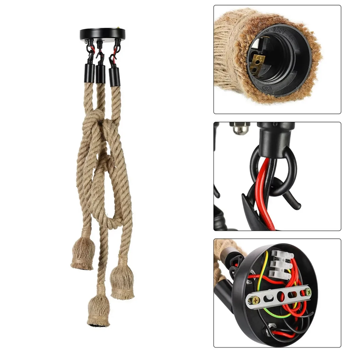 BFYLE 1 M 3 หัว LED โคมไฟระย้าอุตสาหกรรม Retro กัญชาเชือกโคมไฟเพดานตกแต่งบ้านจี้ไฟไม่มีแสง