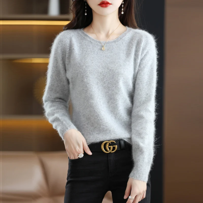 DjzDsm Ladies Pure Mink Cashmere Sweater Low Round Neck Long Sleeve Loose Autumn And Winter Warm Knit Jumper Solid Color Top