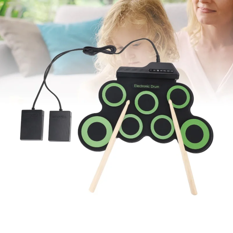 وسادة الطبل الإلكترونية مع 7 وسادات للتدريب، مقبس سماعة الرأس، طبلة قابلة للطي من السيليكون مع دواسة