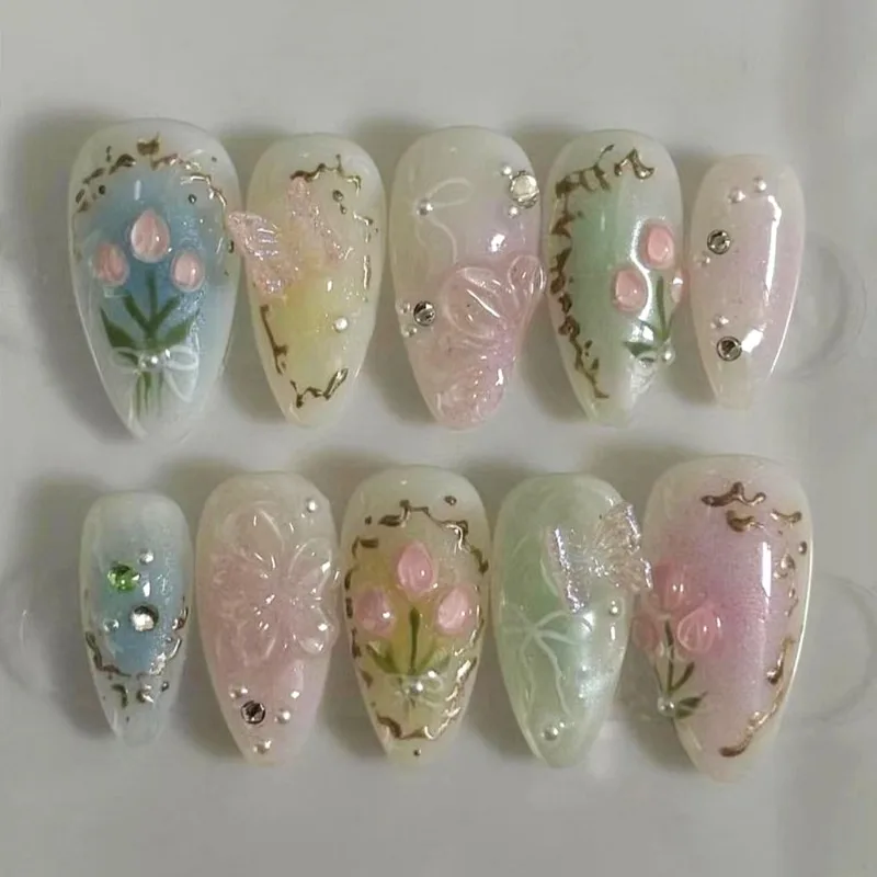

24 Pcs Realistic Summer Press Ons Nails with Tools 3D Flowers Butterfly Artificial Nail Tips Medium Almond Aesthetic Fake Nails