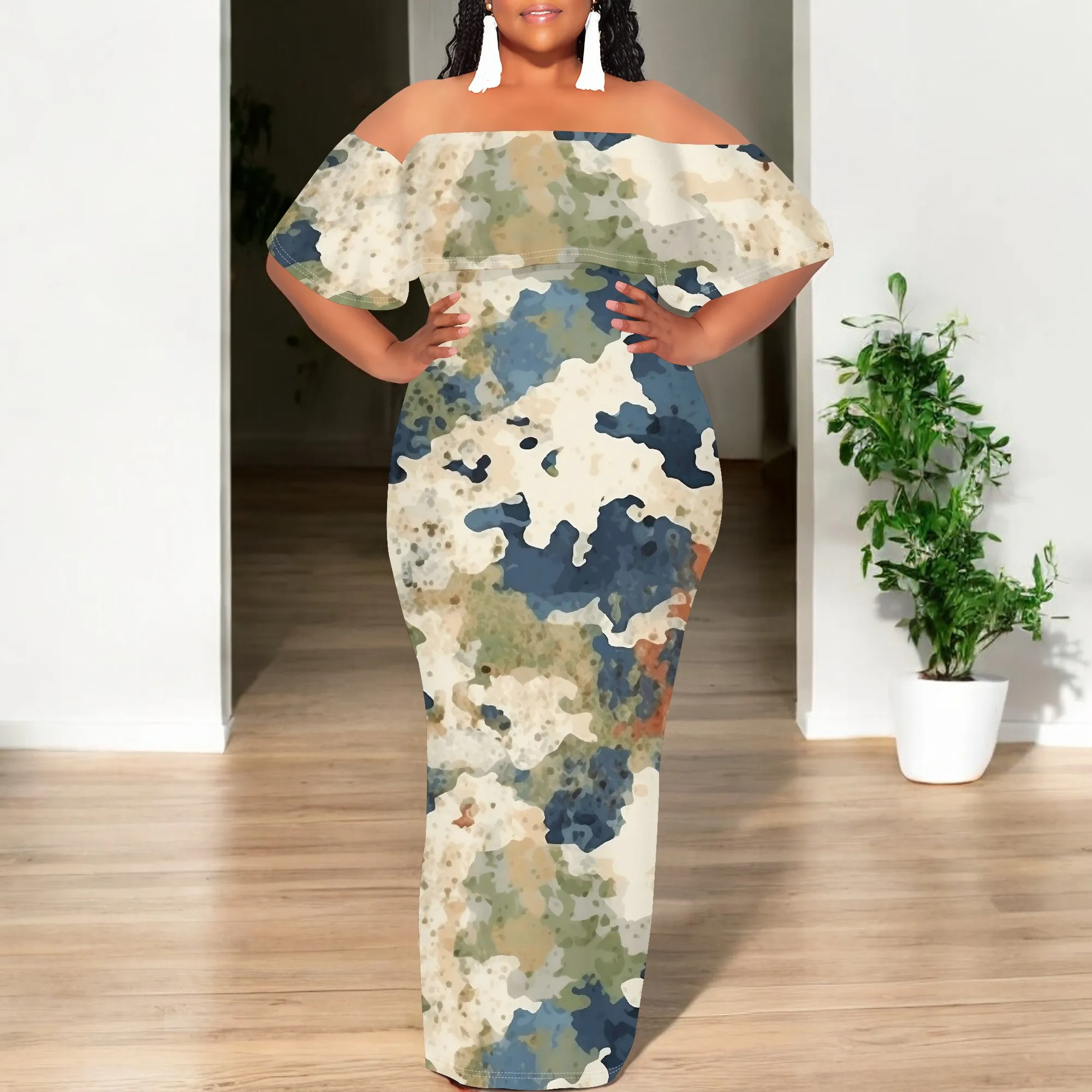 

Women's Off Shoulder Camouflage Bodycon Dress S-3XL 2025 Elegant Maxi Dress for Fall Party, Night Out or Holiday Event