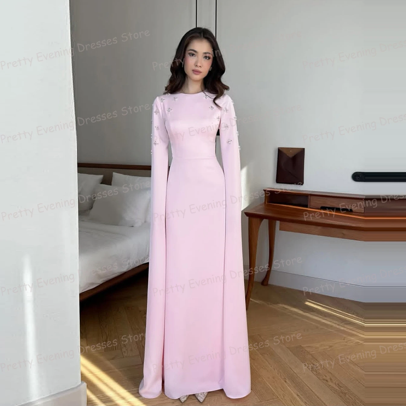 

Simple Pink Evening Dresses Woman's Sexy Mermaid Long Sleeve Prom Growns Sequined Pleat Satin Party Vestidos De Noche Customized
