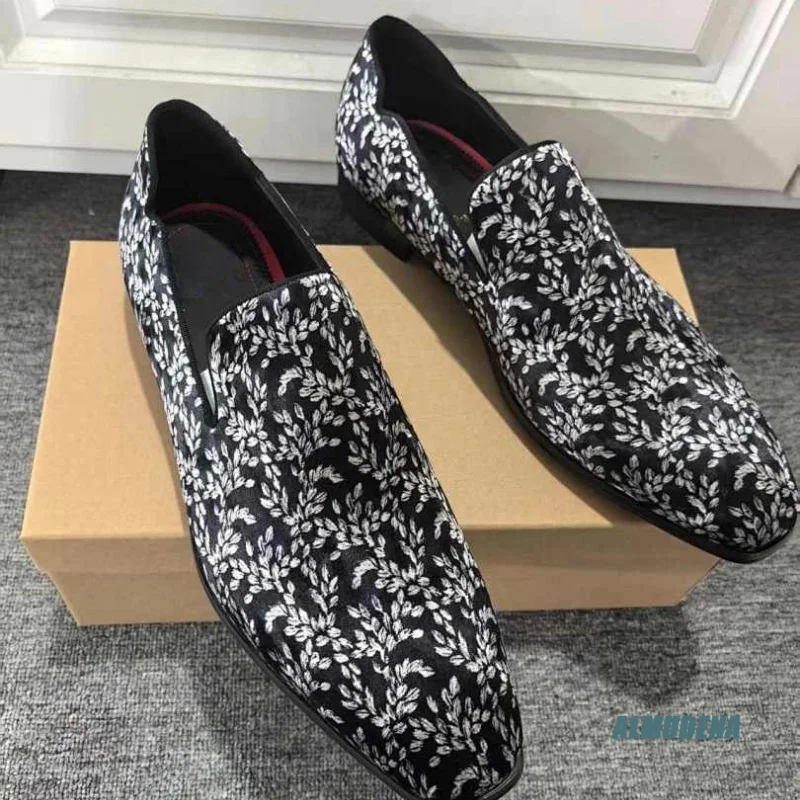 Black Floral Embroidered Round Toe Slip-On Loafers Men's Street Style Formal Party Wedding Trendy Low-Top Dress Shoes