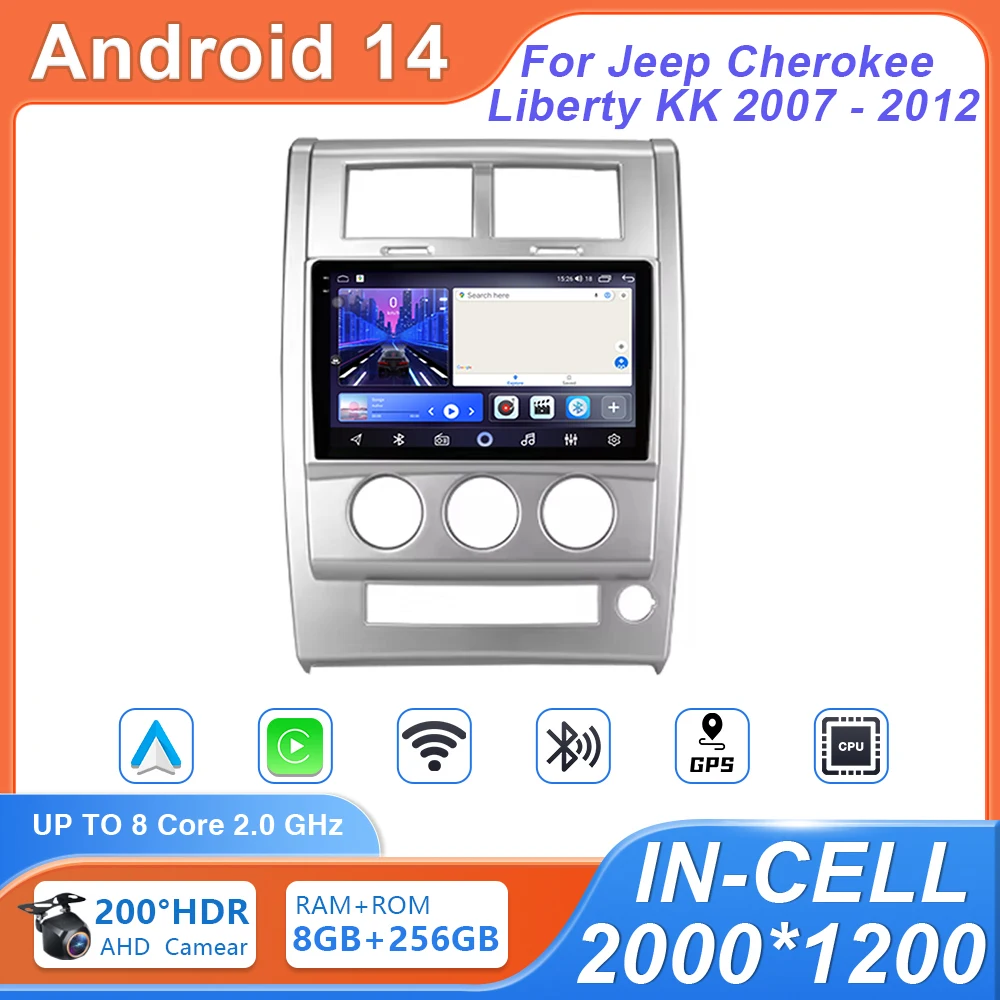 

Автомагнитола на Android 14 для Jeep Cherokee Liberty KK 2007-2012, автомобильный мультимедийный видеоплеер с GPS, 4G, Авторадио 2K QLED DSP