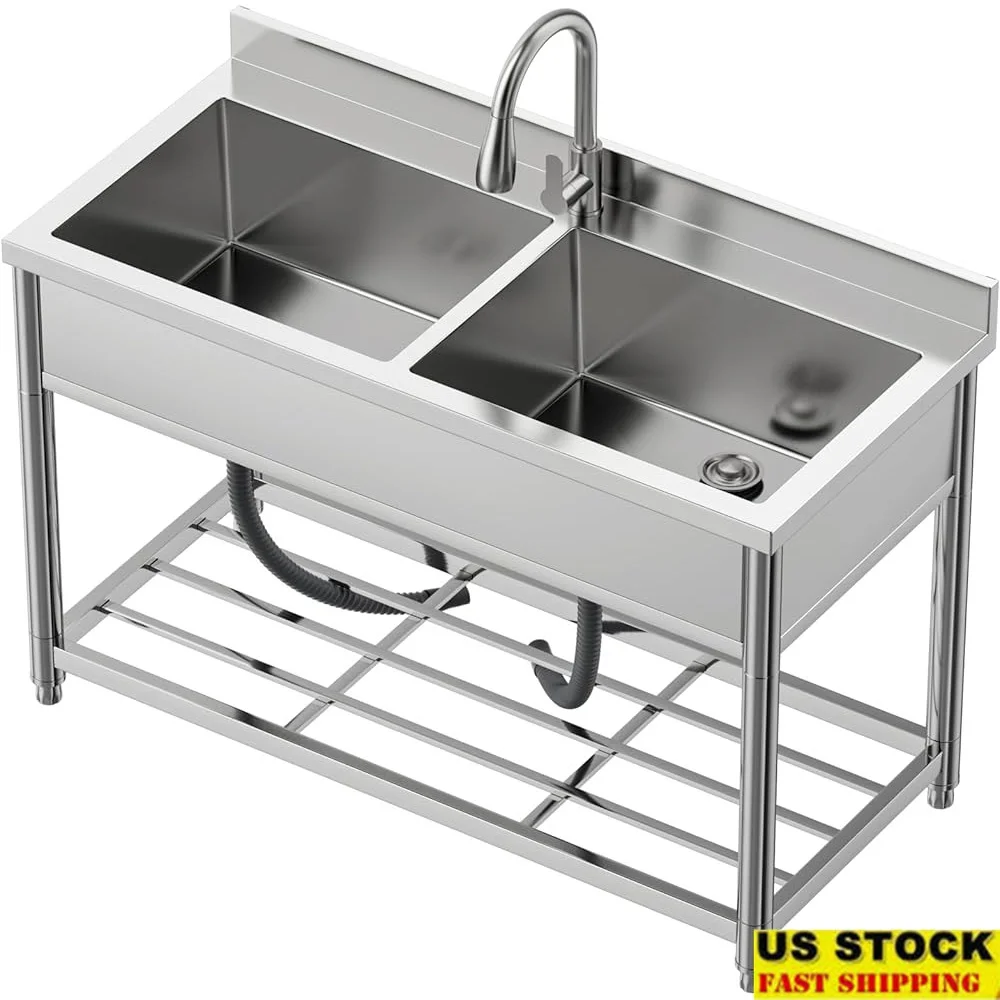 

2 Compartment Stainless Steel Utility Sink with Pull Out Faucet Adjustable Foot Pads Double Bowl Commercial Kitchen Sink with