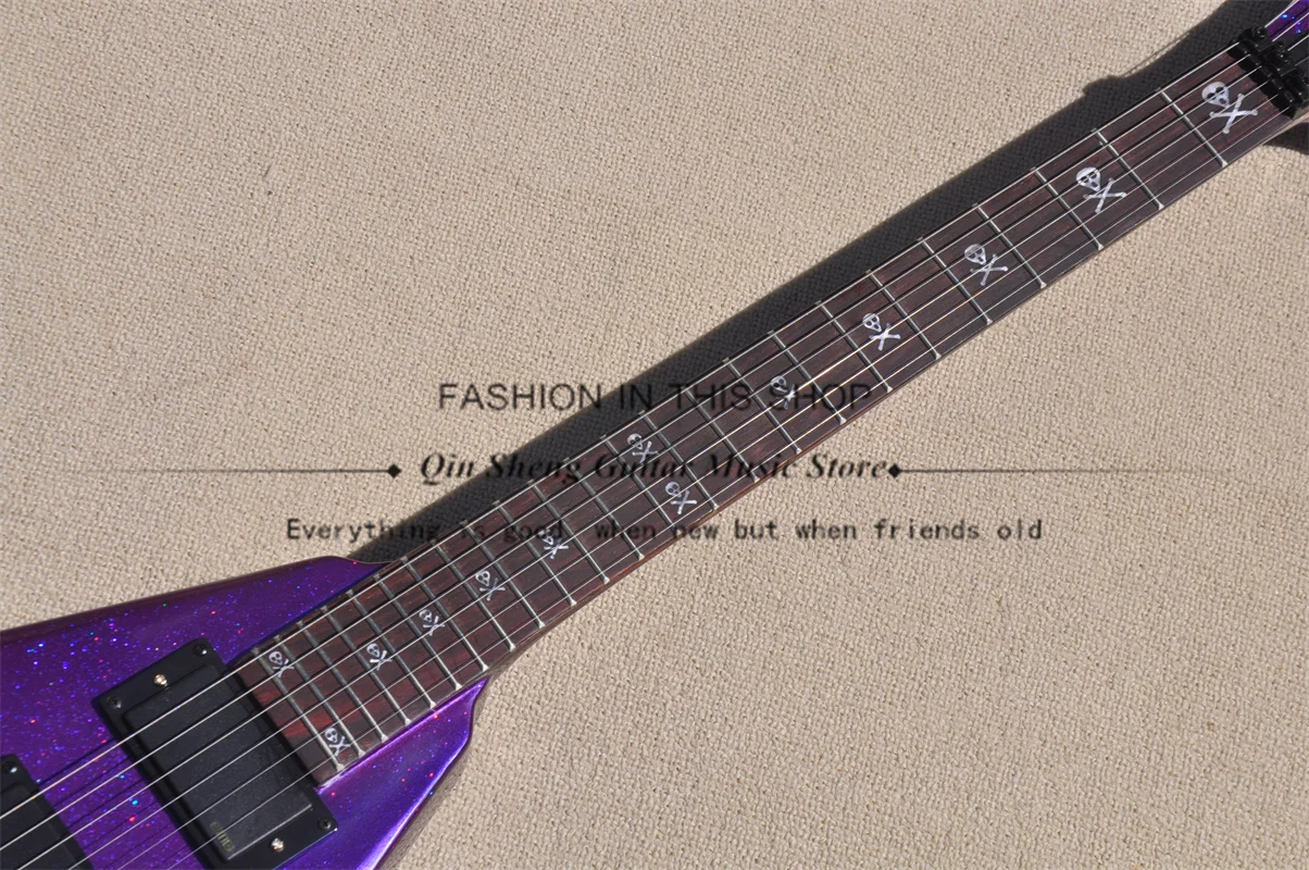 Purple Electric Guitar Flash Silver Particle Guitar Tremolo Bridge Black Buttons rosewood Fingerboard Skull Inlay