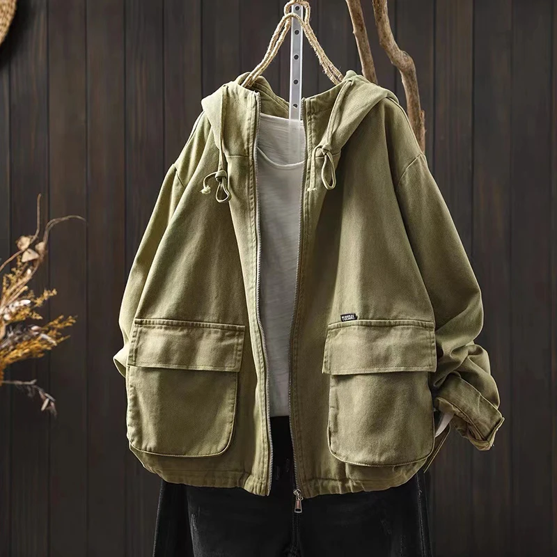 

Women Long Sleeve Casual Coats New Arrival 2025 Autumn Simple Style Solid Color Loose Femlae Cotton Hooded Jackets M2036